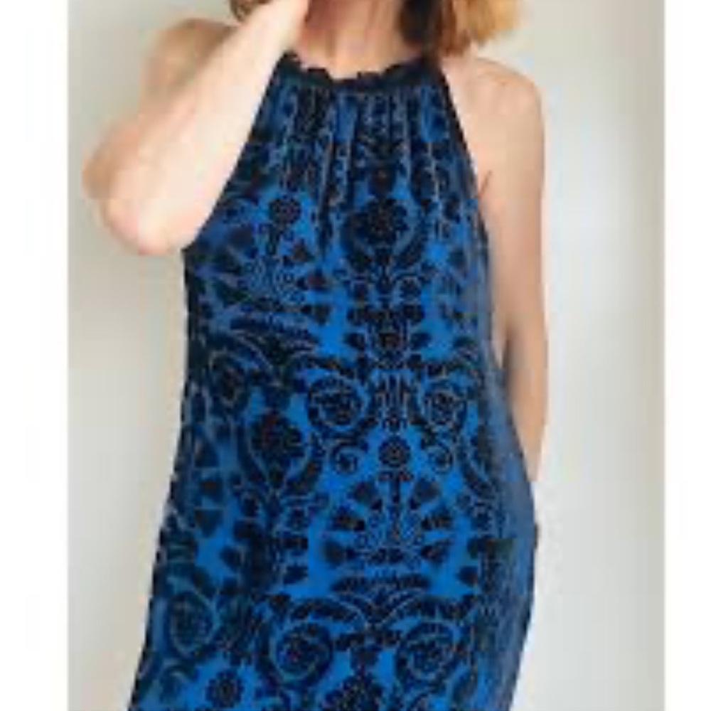 MLLP Flocked Velvet Floral Royal Blue Shift Large Midi Silk Rayon Dress